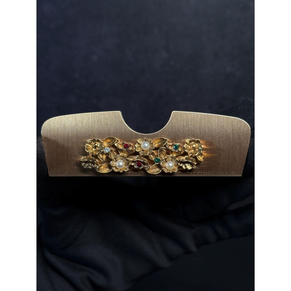 Vintage Floral Rhinestone Faux Pearl Gold Tone Pocket Comb Case Holder